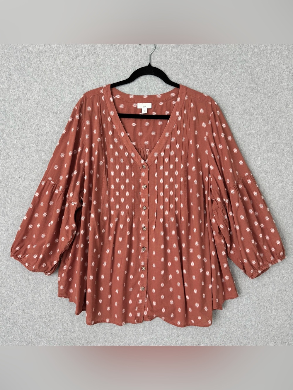 J.Jill Rust Embroidered Floral Button Front Tunic Top Women 3X Boho Cottage READ
